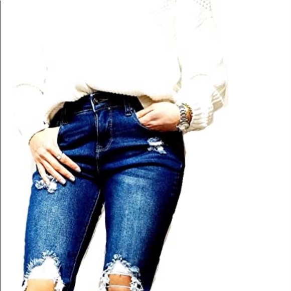 Juniors Womens Blue Stretch Jeans Ripped Uv-624 - Picture 4 of 6